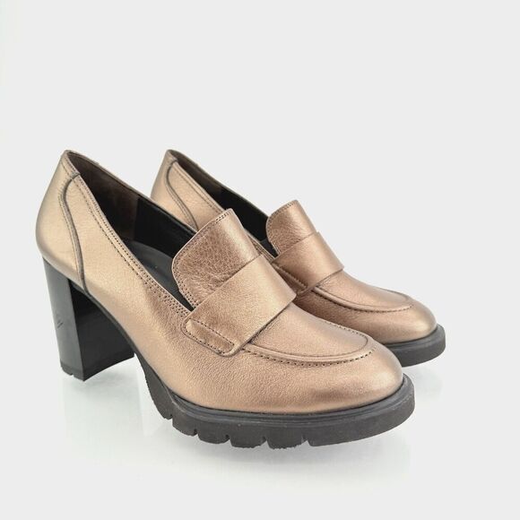 Paul Green Nina Womens Loafer Pumps Sz 9.5 Block Heel Bronze Metallic Chunky - Picture 1 of 16